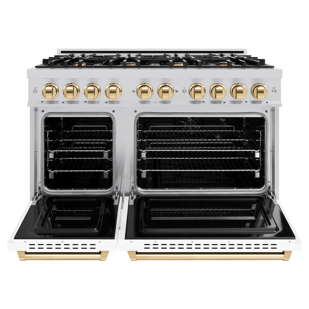 ZLINE Autograph Edition 48 in. 6.7 cu. ft. Classic Double Oven Dual Fuel Range with 8 Burner Gas Cooktop in Stainless Steel with White Matte Door and Polished Gold Accents, Open Box-Great Condition - Image 5