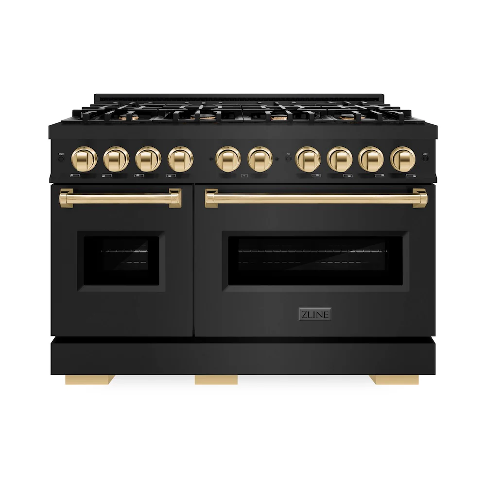 ZLINE Autograph Edition 48 in. 6.7 cu. ft. Classic Double Oven Gas Range with 8 Burner Cooktop in Black Stainless Steel and Polished Gold Accents, Open Box-Great Condition - Image 3