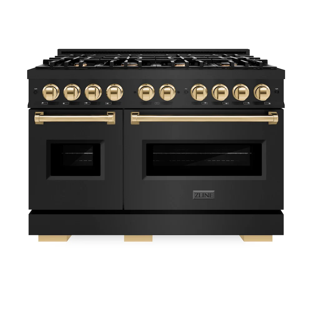 ZLINE Autograph Edition 48 in. 6.7 cu. ft. Classic Double Oven Gas Range with 8 Burner Cooktop in Black Stainless Steel and Polished Gold Accents, Open Box-Great Condition - Image 4