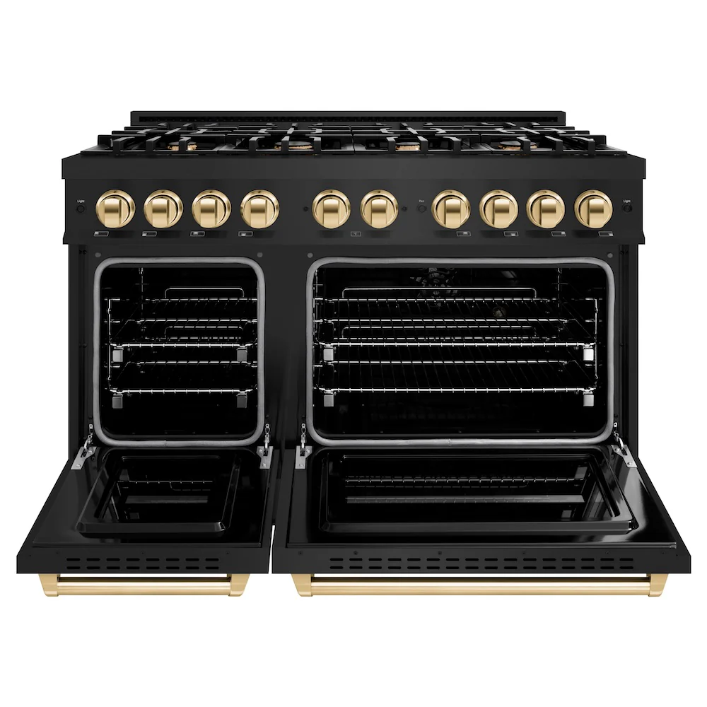 ZLINE Autograph Edition 48 in. 6.7 cu. ft. Classic Double Oven Gas Range with 8 Burner Cooktop in Black Stainless Steel and Polished Gold Accents, Open Box-Great Condition - Image 5