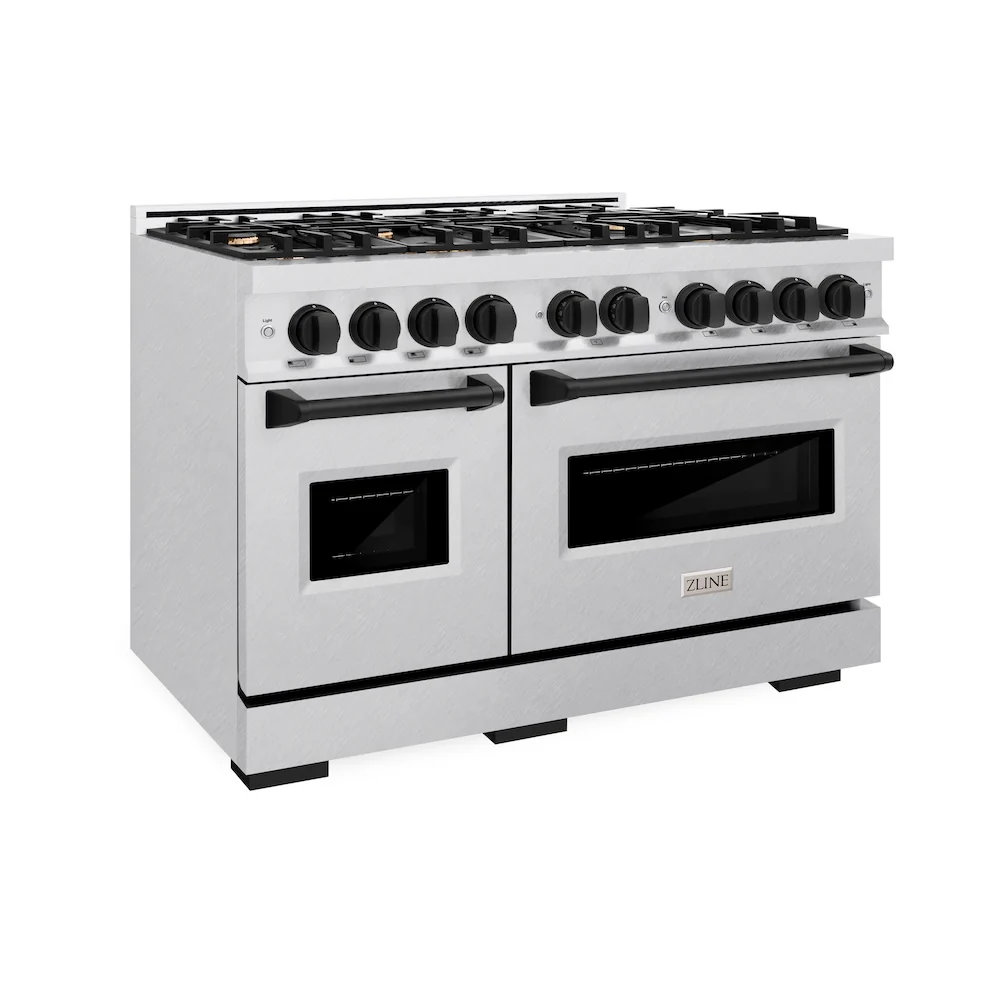 ZLINE Autograph Edition 48 in. 6.7 cu. ft. Classic Double Oven Gas Range with 8 Burner Cooktop in Satin Stainless Steel and Matte Black Accents, Open Box-Great Condition