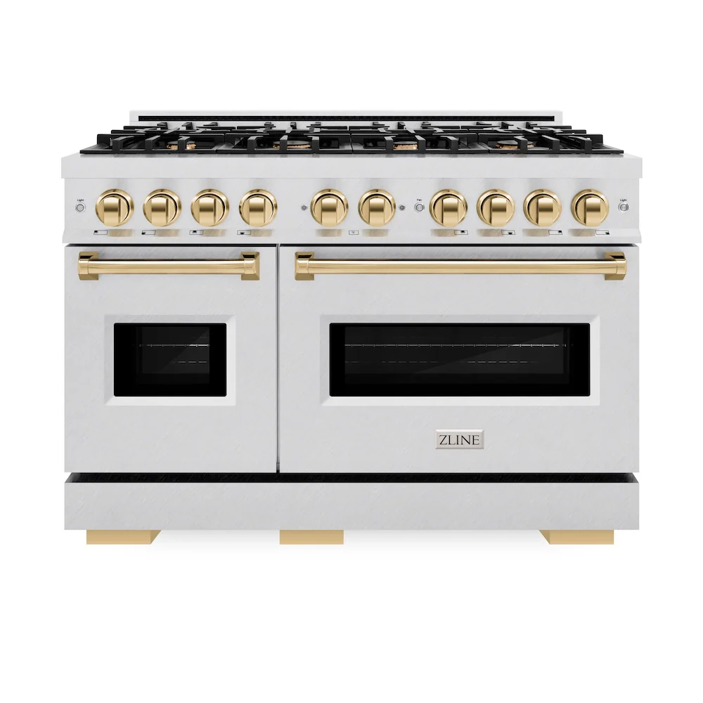 ZLINE Autograph Edition 48 in. 6.7 cu. ft. Classic Double Oven Gas Range with 8 Burner Cooktop in Satin Stainless Steel and Polished Gold Accents, Open Box-Great Condition - Image 3