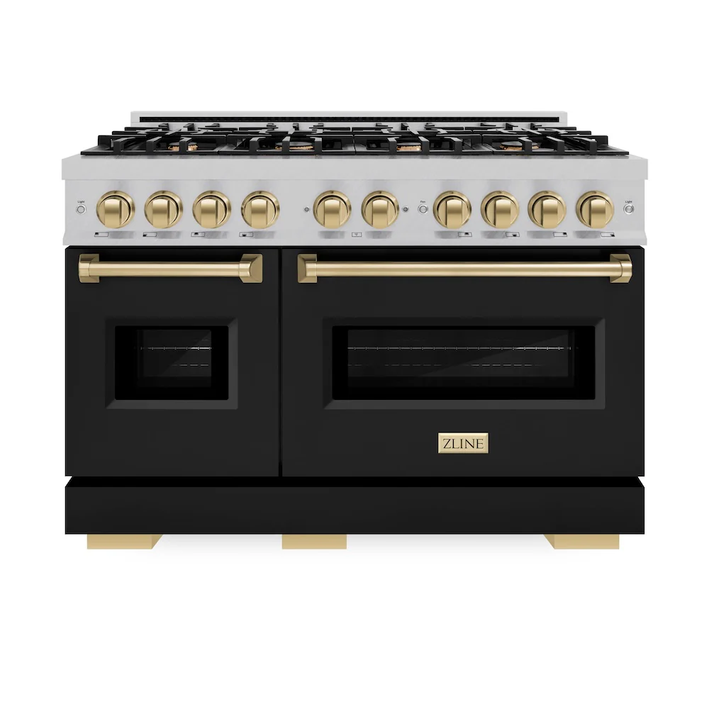 ZLINE Autograph Edition 48 in. 6.7 cu. ft. Classic Double Oven Gas Range with 8 Burner Cooktop in Satin Stainless Steel with Black Matte Doors and Champagne Bronze Accents, Open Box-Great Condition - Image 4