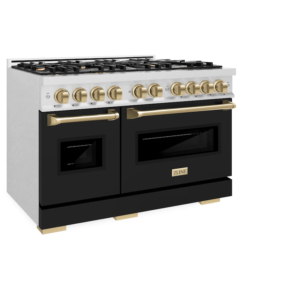 ZLINE Autograph Edition 48 in. 6.7 cu. ft. Classic Double Oven Gas Range with 8 Burner Cooktop in Satin Stainless Steel with Black Matte Doors and Champagne Bronze Accents, Open Box-Great Condition - Image 6
