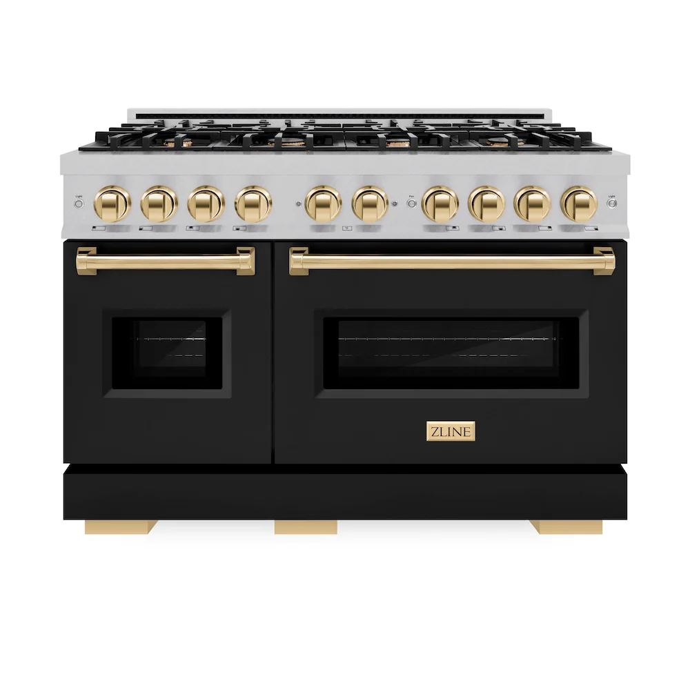ZLINE Autograph Edition 48 in. 6.7 cu. ft. Classic Double Oven Gas Range with 8 Burner Cooktop in Satin Stainless Steel with Black Matte Doors and Polished Gold Accents, Open Box-Great Condition - Image 4