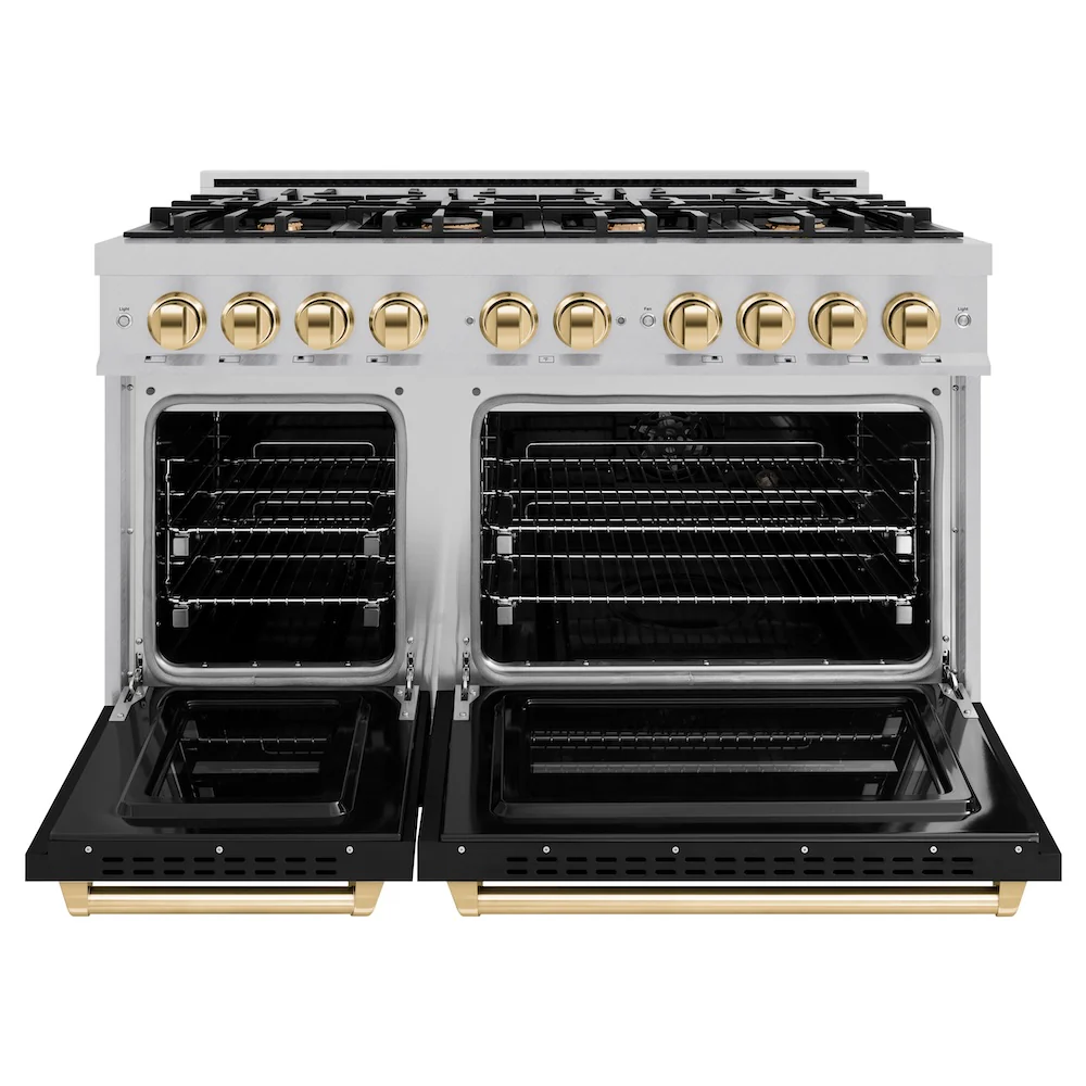 ZLINE Autograph Edition 48 in. 6.7 cu. ft. Classic Double Oven Gas Range with 8 Burner Cooktop in Satin Stainless Steel with Black Matte Doors and Polished Gold Accents, Open Box-Great Condition - Image 5