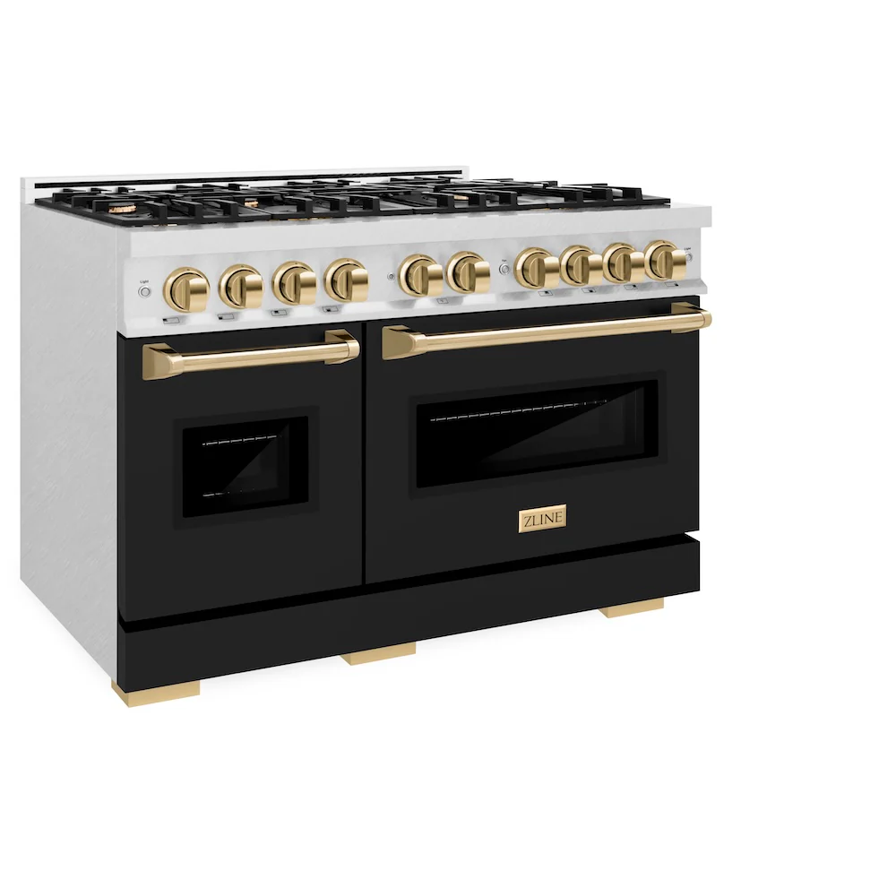 ZLINE Autograph Edition 48 in. 6.7 cu. ft. Classic Double Oven Gas Range with 8 Burner Cooktop in Satin Stainless Steel with Black Matte Doors and Polished Gold Accents, Open Box-Great Condition - Image 6