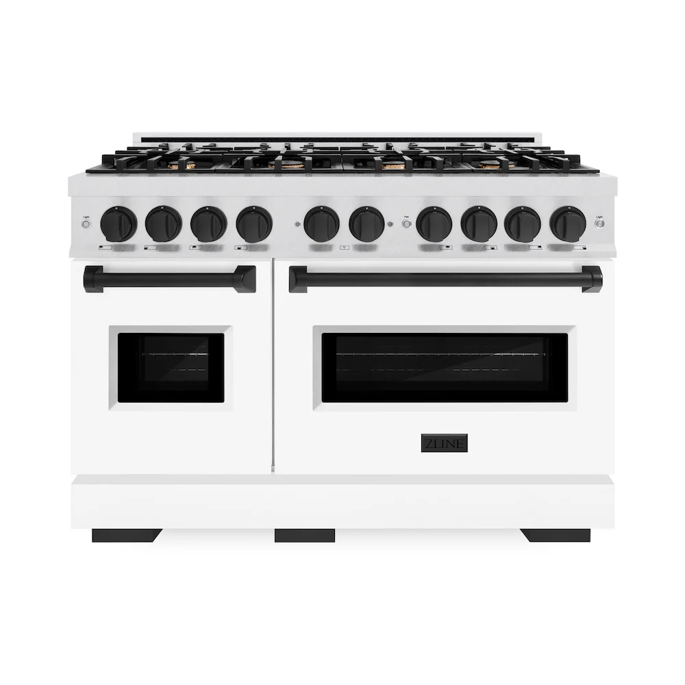 ZLINE Autograph Edition 48 in. 6.7 cu. ft. Classic Double Oven Gas Range with 8 Burner Cooktop in Satin Stainless Steel with White Matte Doors and Matte Black Accents, Open Box-Great Condition - Image 4