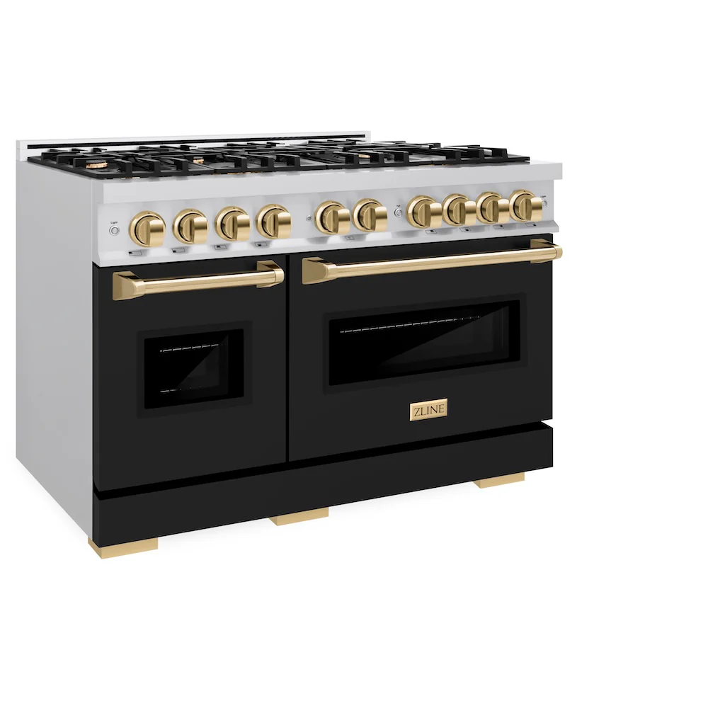 ZLINE Autograph Edition 48 in. 6.7 cu. ft. Classic Double Oven Gas Range with 8 Burner Cooktop in Stainless Steel with Black Matte Doors and Polished Gold Accents, Open Box-Great Condition - Image 6