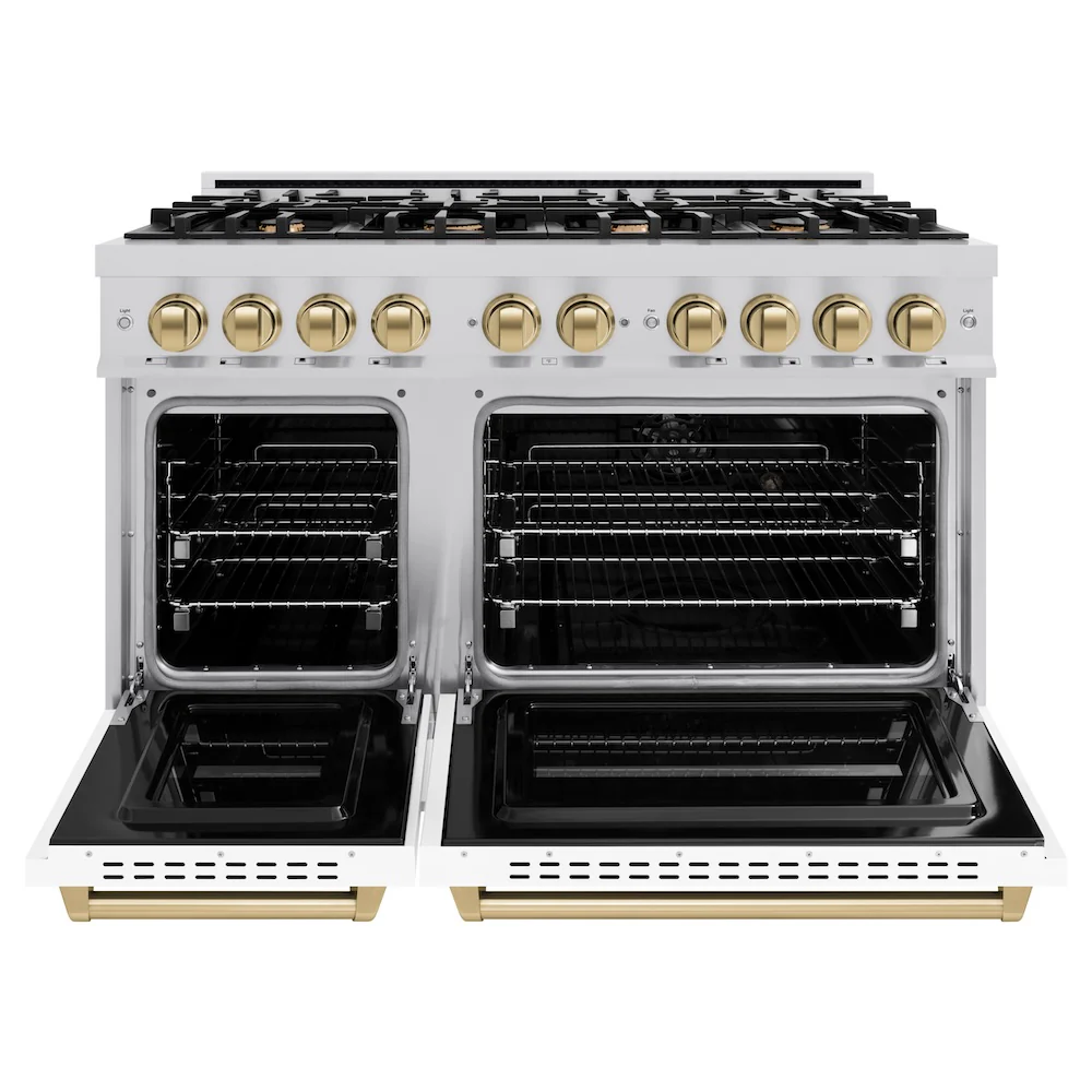 ZLINE Autograph Edition 48 in. 6.7 cu. ft. Classic Double Oven Gas Range with 8 Burner Cooktop in Stainless Steel with White Matte Doors and Champagne Bronze Accents, Open Box-Great Condition - Image 5
