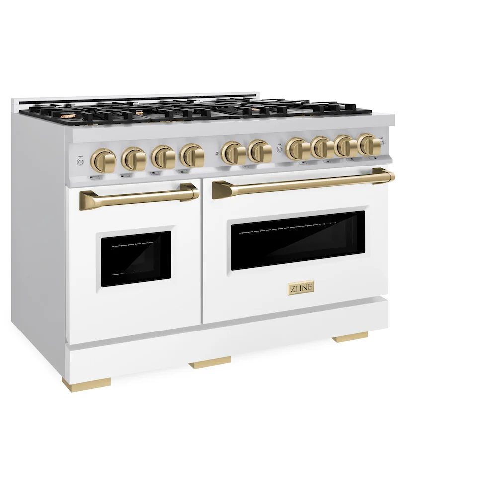 ZLINE Autograph Edition 48 in. 6.7 cu. ft. Classic Double Oven Gas Range with 8 Burner Cooktop in Stainless Steel with White Matte Doors and Champagne Bronze Accents, Open Box-Great Condition - Image 6