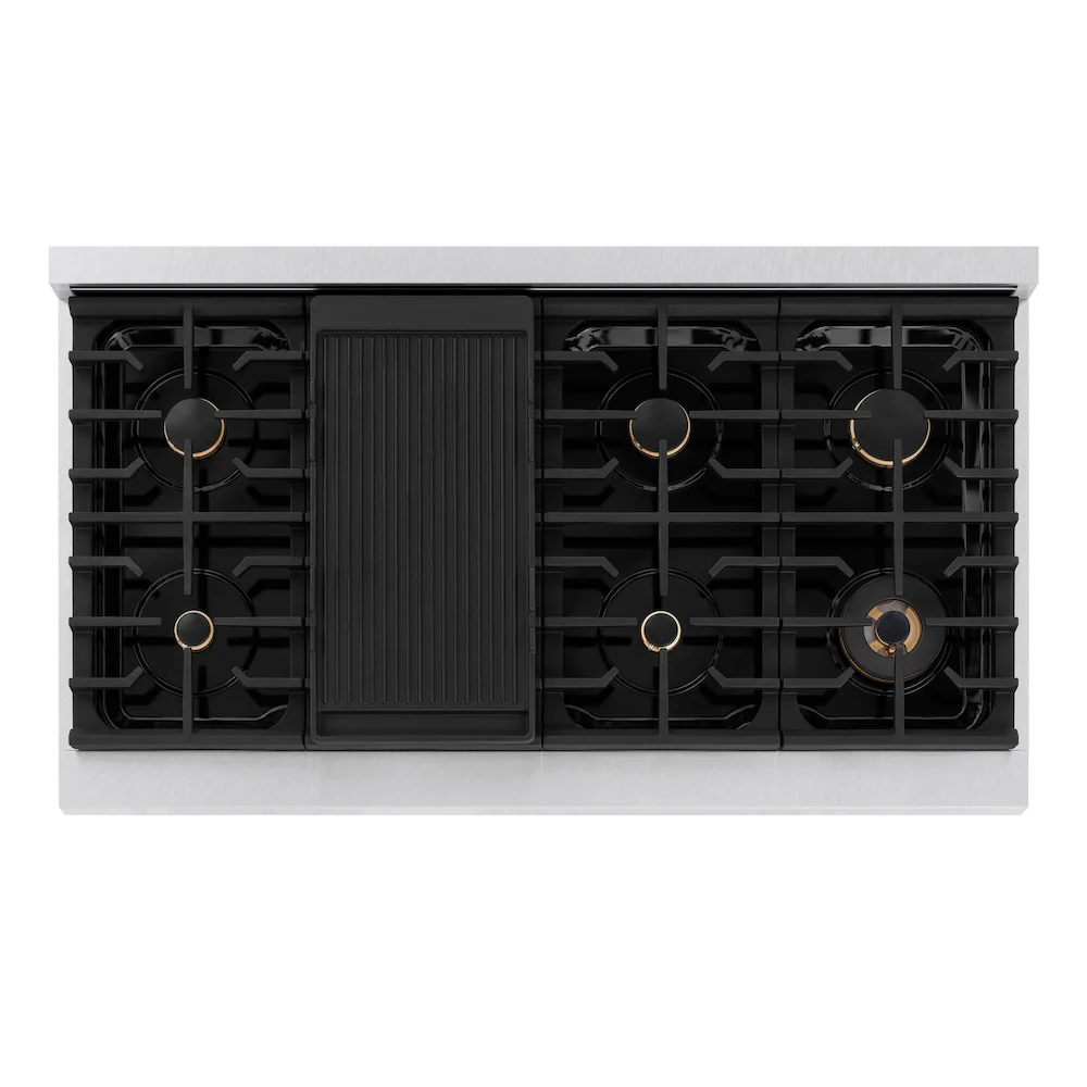 ZLINE Autograph Edition 48 in. 6.7 cu. ft. Paramount Double Oven Dual Fuel Range with 8 Burner Gas Cooktop in Satin Stainless Steel and Champagne Bronze Accents, Open Box-Great Condition - Image 2