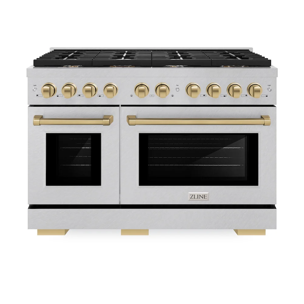 ZLINE Autograph Edition 48 in. 6.7 cu. ft. Paramount Double Oven Dual Fuel Range with 8 Burner Gas Cooktop in Satin Stainless Steel and Champagne Bronze Accents, Open Box-Great Condition - Image 3