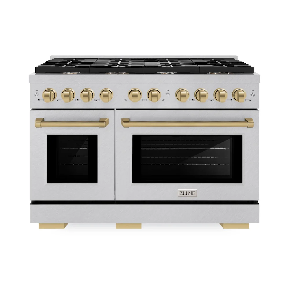 ZLINE Autograph Edition 48 in. 6.7 cu. ft. Paramount Double Oven Dual Fuel Range with 8 Burner Gas Cooktop in Satin Stainless Steel and Champagne Bronze Accents, Open Box-Great Condition - Image 4