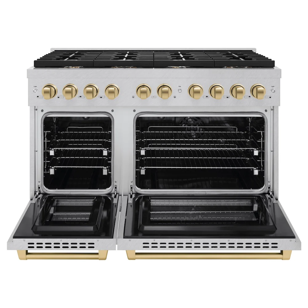 ZLINE Autograph Edition 48 in. 6.7 cu. ft. Paramount Double Oven Dual Fuel Range with 8 Burner Gas Cooktop in Satin Stainless Steel and Champagne Bronze Accents, Open Box-Great Condition - Image 5