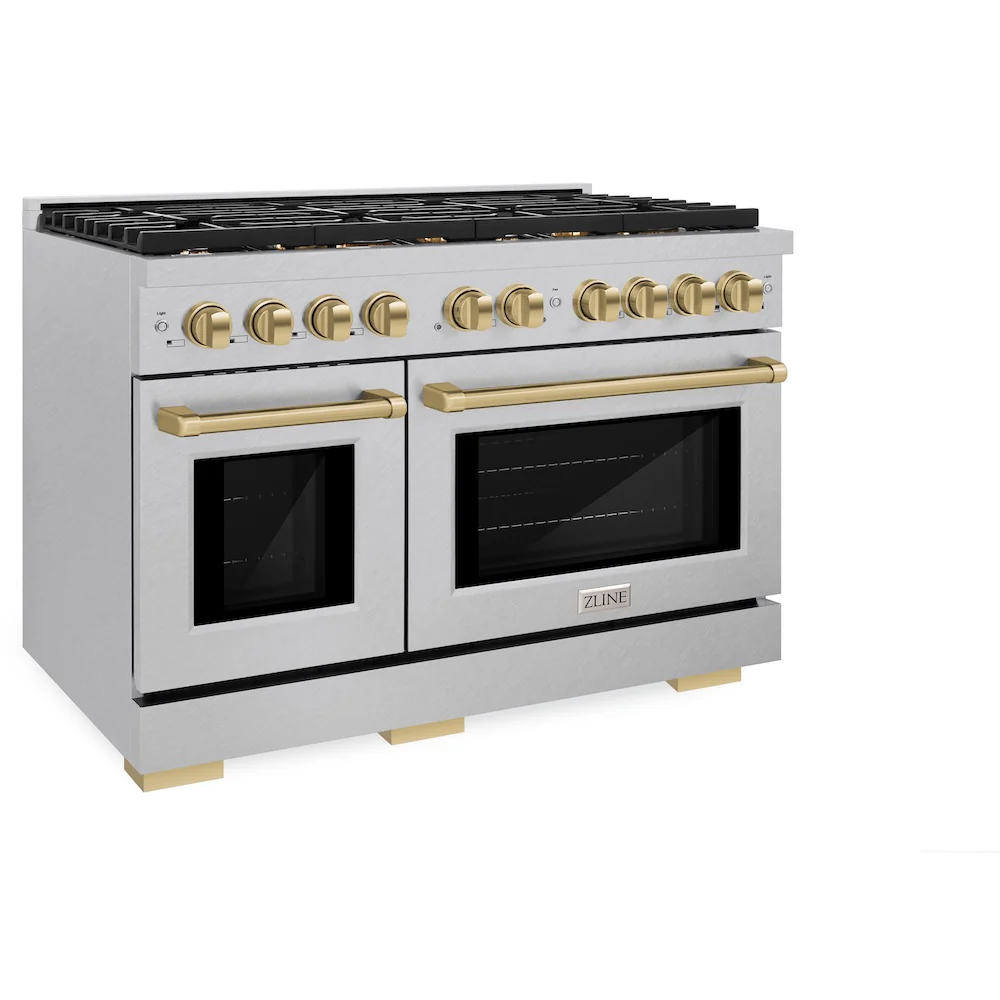 ZLINE Autograph Edition 48 in. 6.7 cu. ft. Paramount Double Oven Dual Fuel Range with 8 Burner Gas Cooktop in Satin Stainless Steel and Champagne Bronze Accents, Open Box-Great Condition - Image 6