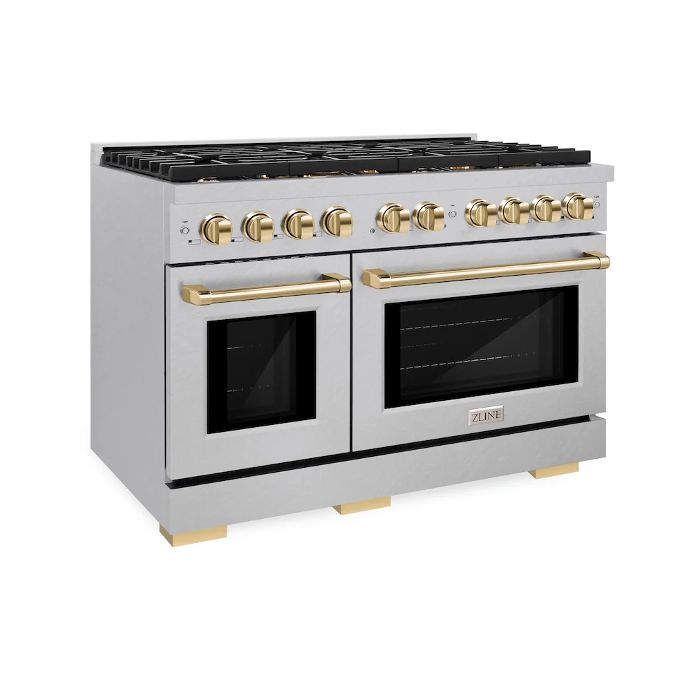 ZLINE Autograph Edition 48 in. 6.7 cu. ft. Paramount Double Oven Dual Fuel Range with 8 Burner Gas Cooktop in Satin Stainless Steel and Polished Gold Accents, Open Box-Great Condition