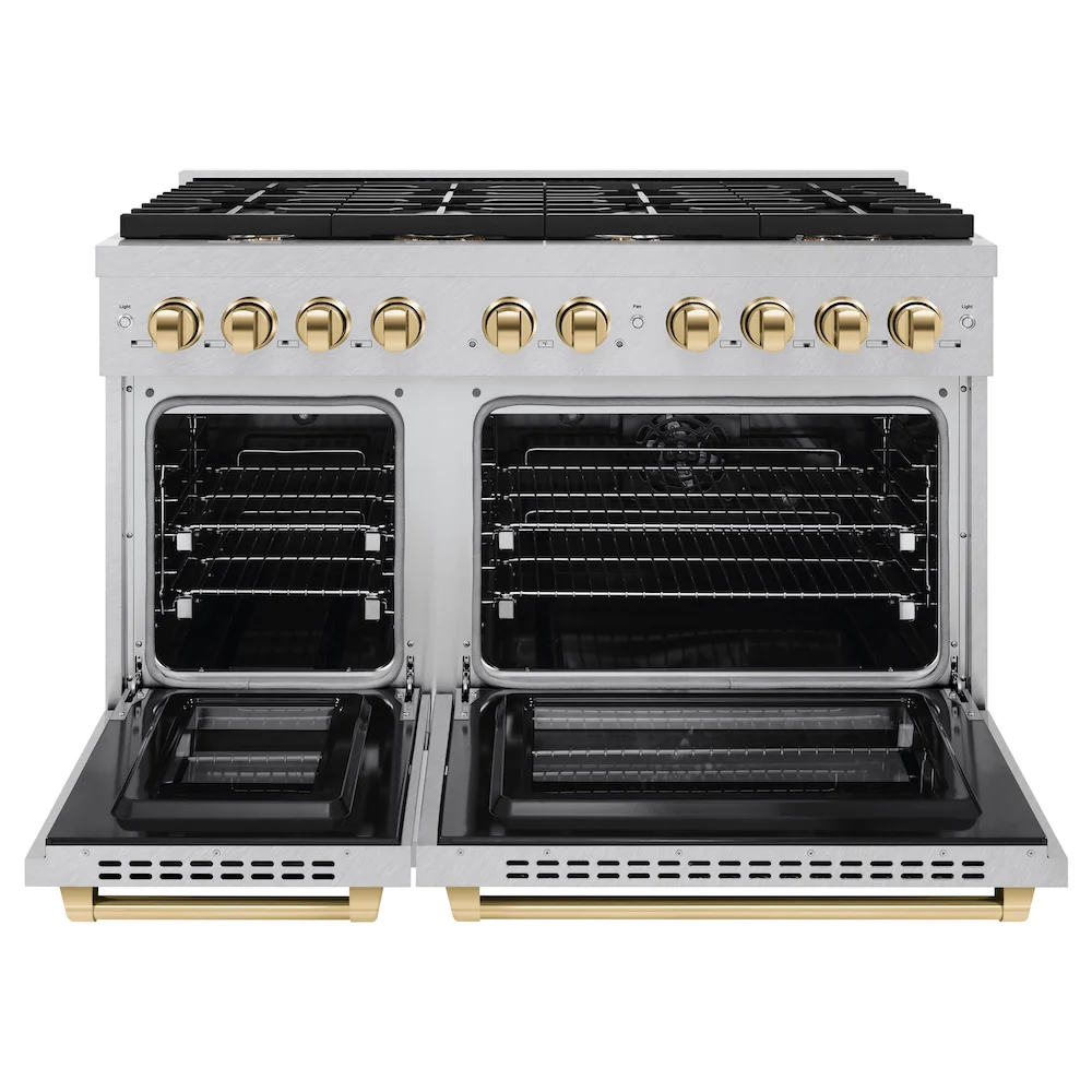ZLINE Autograph Edition 48 in. 6.7 cu. ft. Paramount Double Oven Dual Fuel Range with 8 Burner Gas Cooktop in Satin Stainless Steel and Polished Gold Accents, Open Box-Great Condition - Image 5