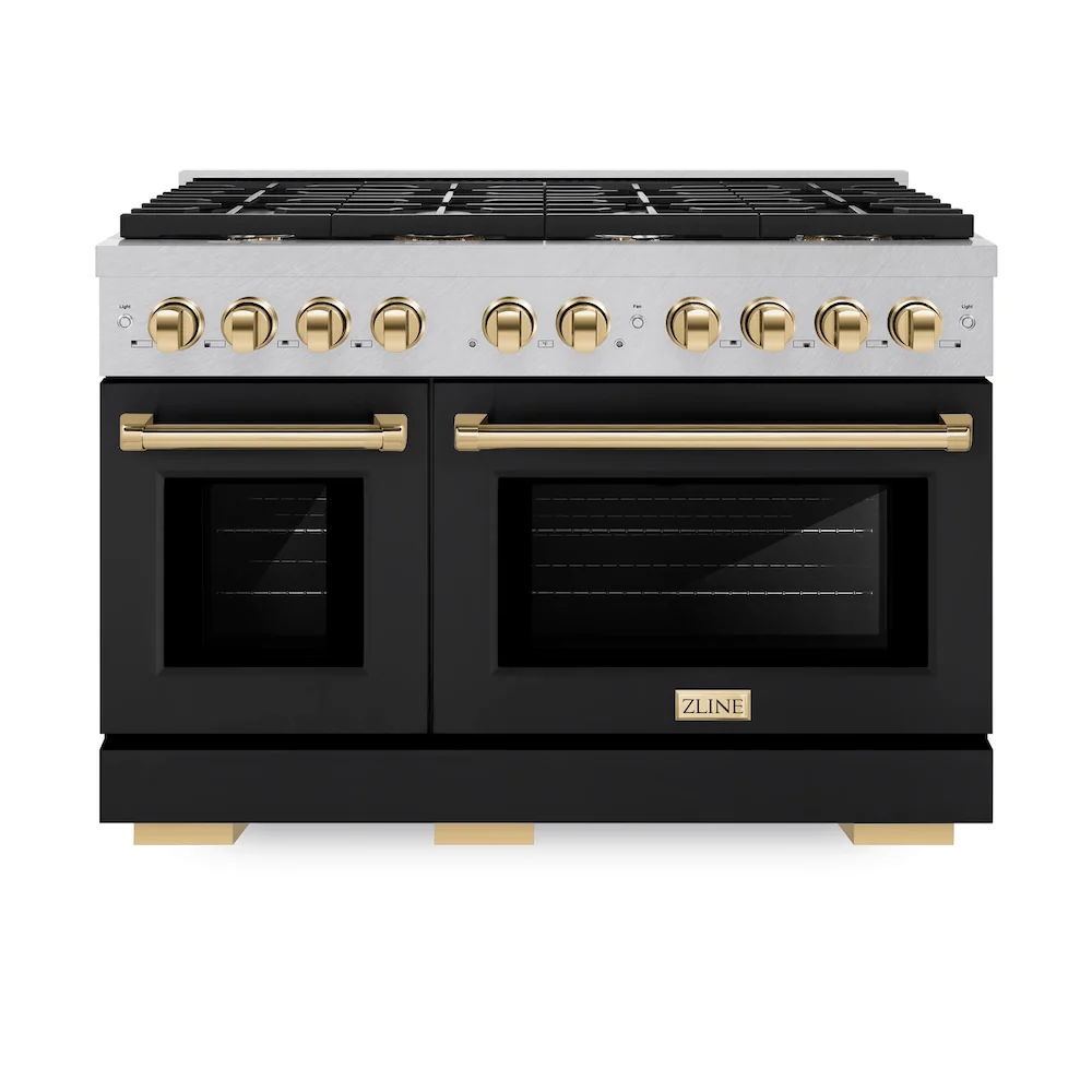 ZLINE Autograph Edition 48 in. 6.7 cu. ft. Paramount Double Oven Dual Fuel Range with 8 Burner Gas Cooktop in Satin Stainless Steel with Black Matte Doors and Polished Gold Accents, Open Box-Great Condition - Image 4