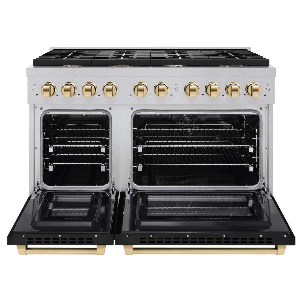ZLINE Autograph Edition 48 in. 6.7 cu. ft. Paramount Double Oven Dual Fuel Range with 8 Burner Gas Cooktop in Satin Stainless Steel with Black Matte Doors and Polished Gold Accents, Open Box-Great Condition - Image 5
