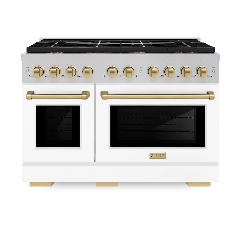 ZLINE Autograph Edition 48 in. 6.7 cu. ft. Paramount Double Oven Dual Fuel Range with 8 Burner Gas Cooktop in Satin Stainless Steel with White Matte Doors and Champagne Bronze Accents, Open Box-Great Condition - Image 3
