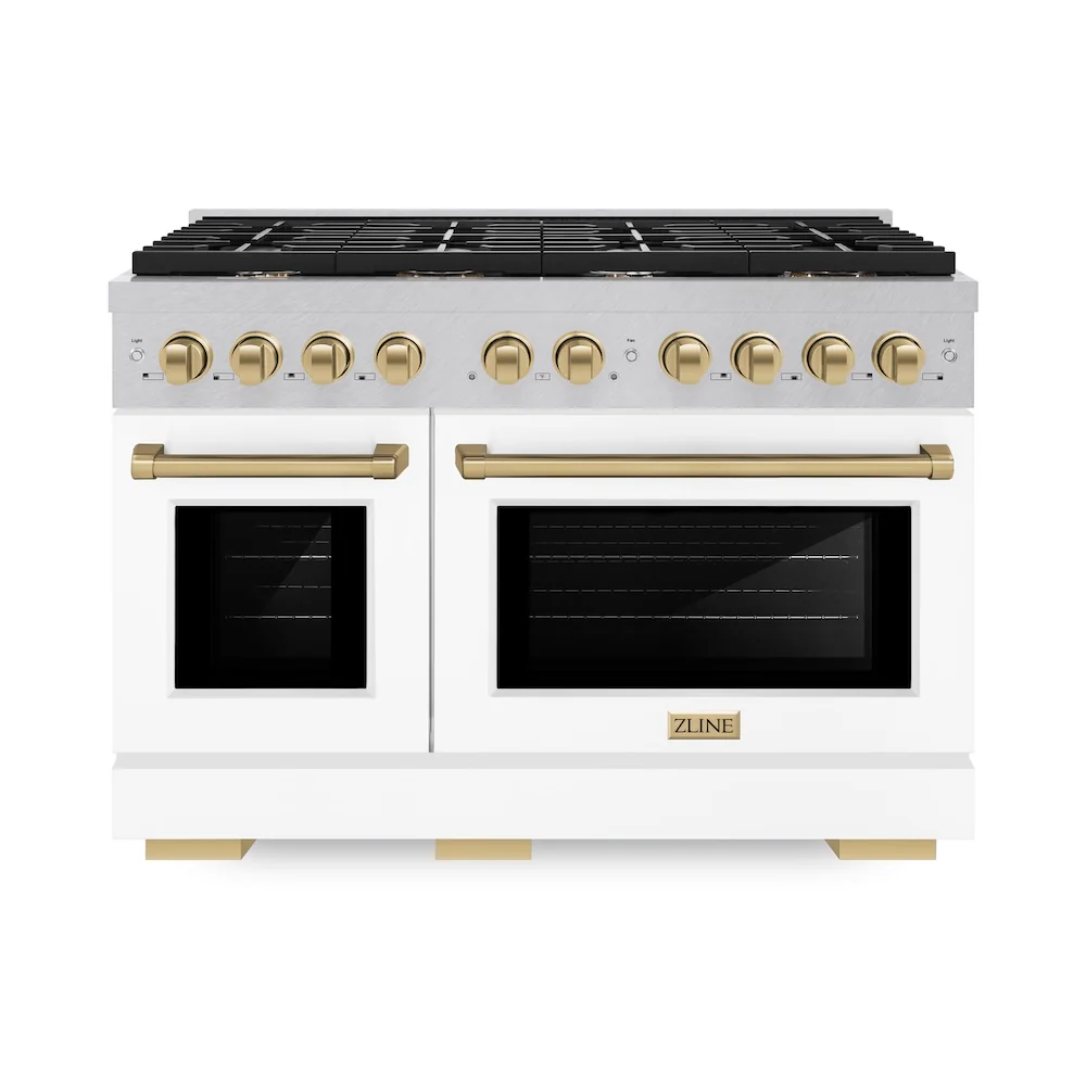 ZLINE Autograph Edition 48 in. 6.7 cu. ft. Paramount Double Oven Dual Fuel Range with 8 Burner Gas Cooktop in Satin Stainless Steel with White Matte Doors and Champagne Bronze Accents, Open Box-Great Condition - Image 4