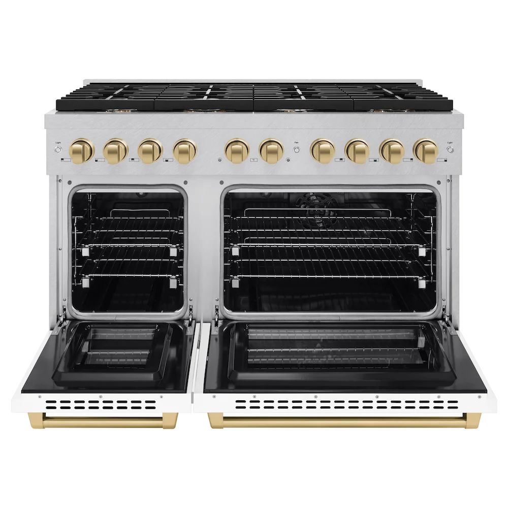 ZLINE Autograph Edition 48 in. 6.7 cu. ft. Paramount Double Oven Dual Fuel Range with 8 Burner Gas Cooktop in Satin Stainless Steel with White Matte Doors and Champagne Bronze Accents, Open Box-Great Condition - Image 5