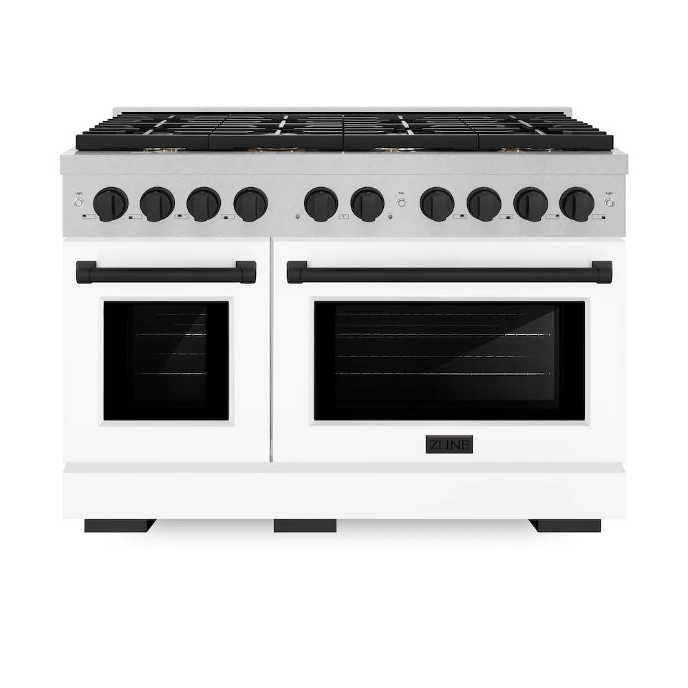 ZLINE Autograph Edition 48 in. 6.7 cu. ft. Paramount Double Oven Dual Fuel Range with 8 Burner Gas Cooktop in Satin Stainless Steel with White Matte Doors and Matte Black Accents, Open Box-Great Condition - Image 4