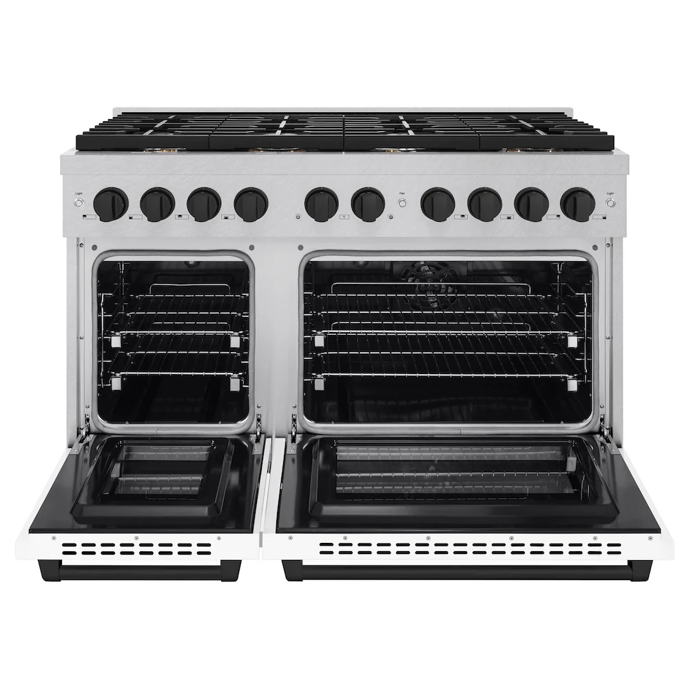 ZLINE Autograph Edition 48 in. 6.7 cu. ft. Paramount Double Oven Dual Fuel Range with 8 Burner Gas Cooktop in Satin Stainless Steel with White Matte Doors and Matte Black Accents, Open Box-Great Condition - Image 5