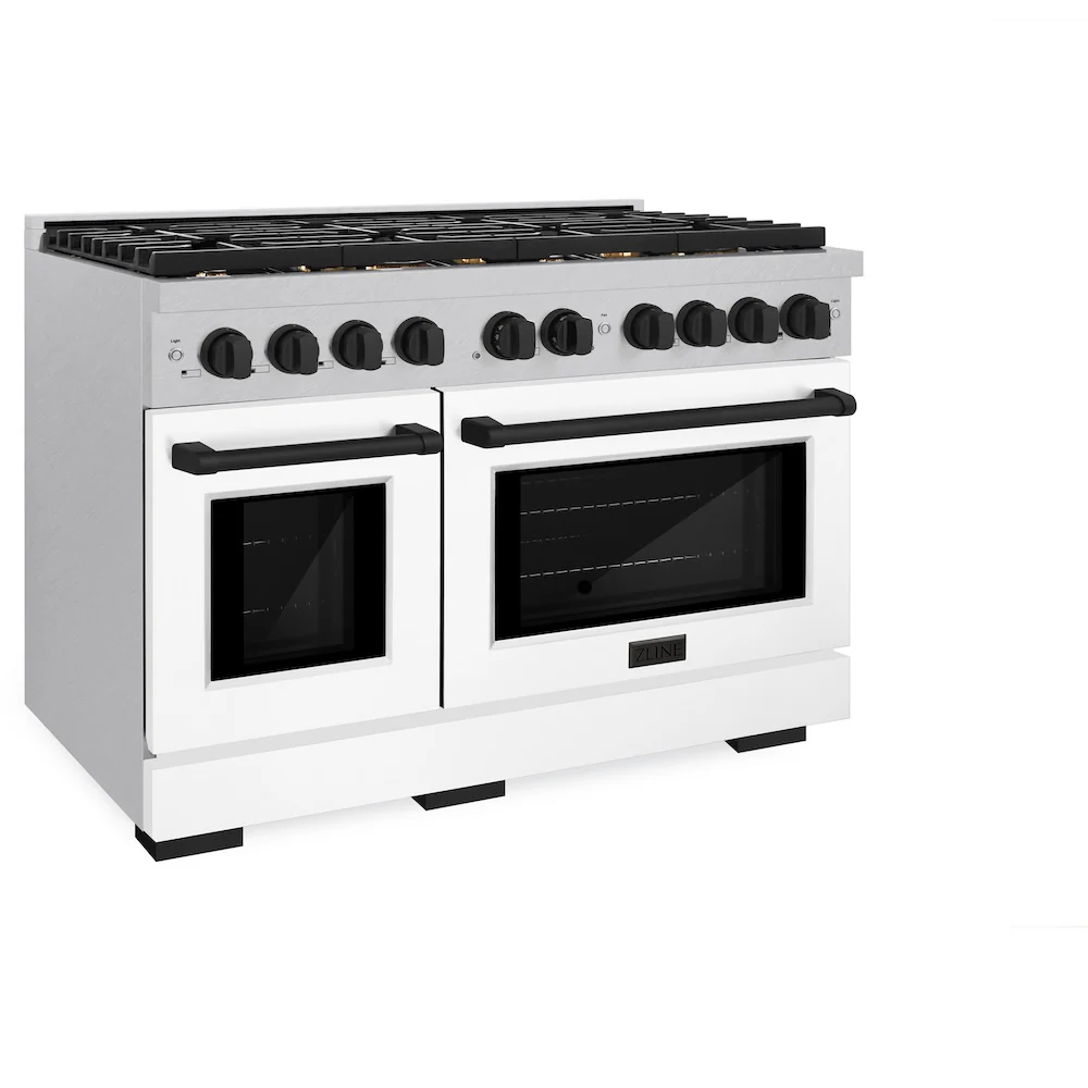 ZLINE Autograph Edition 48 in. 6.7 cu. ft. Paramount Double Oven Dual Fuel Range with 8 Burner Gas Cooktop in Satin Stainless Steel with White Matte Doors and Matte Black Accents, Open Box-Great Condition - Image 6
