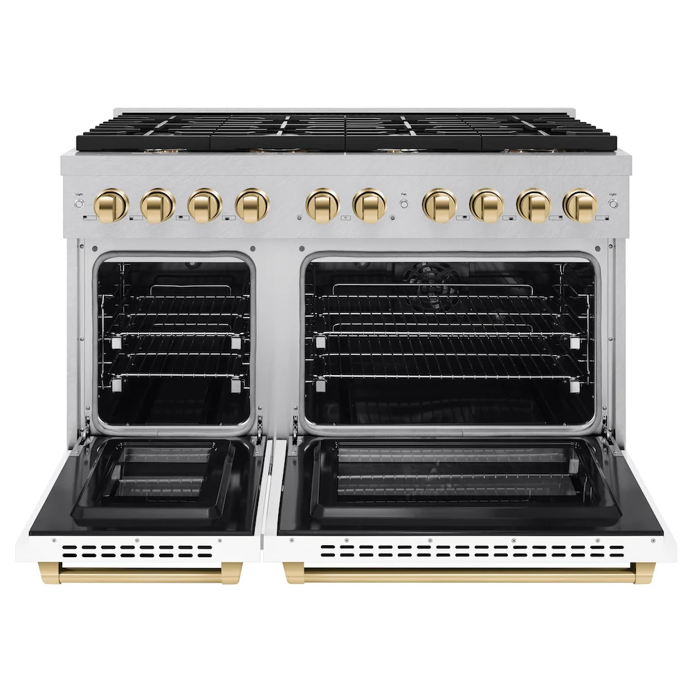 ZLINE Autograph Edition 48 in. 6.7 cu. ft. Paramount Double Oven Dual Fuel Range with 8 Burner Gas Cooktop in Satin Stainless Steel with White Matte Doors and Polished Gold Accents, Open Box-Great Condition - Image 5