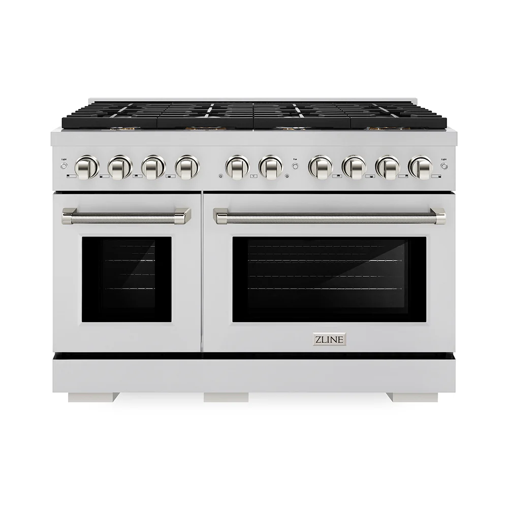 ZLINE Autograph Edition 48 in. 6.7 cu. ft. Paramount Double Oven Dual Fuel Range with 8 Burner Gas Cooktop in Stainless Steel and Polished Nickel Helix Handles and Knob Accents, Open Box-Great Condition