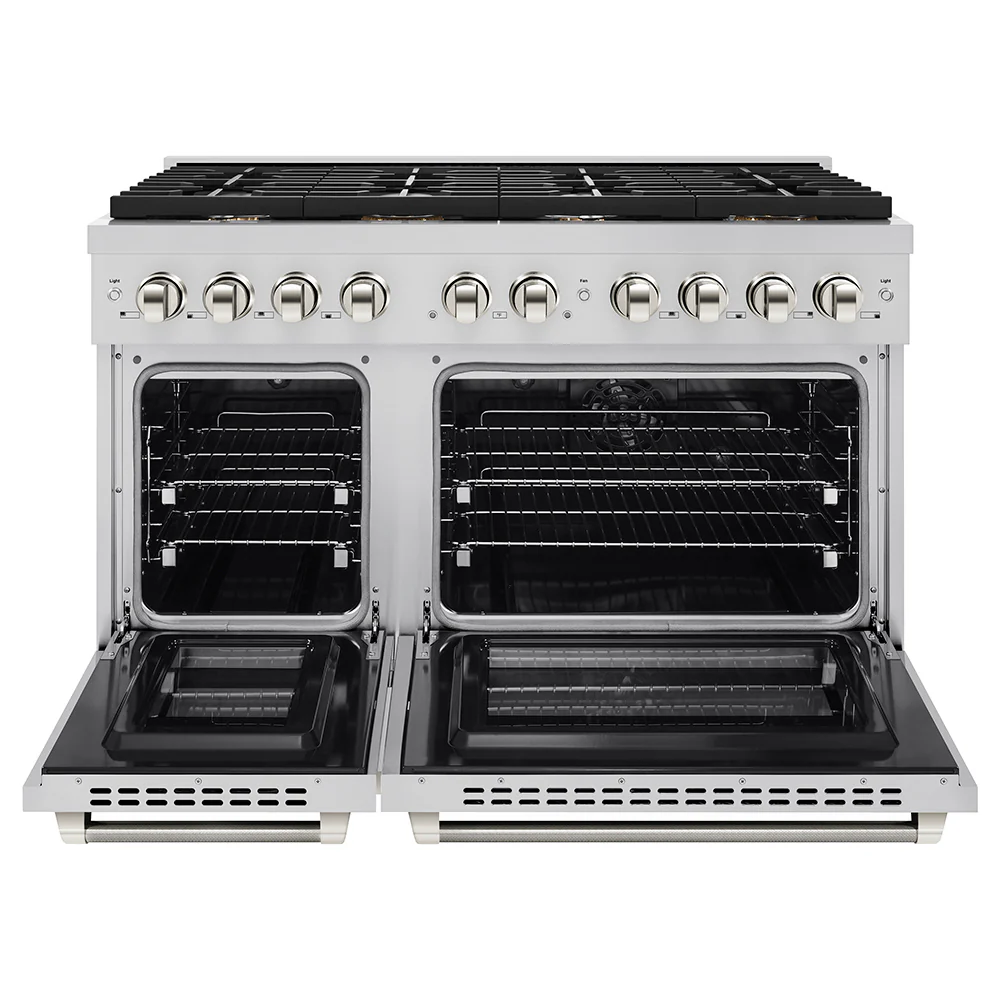ZLINE Autograph Edition 48 in. 6.7 cu. ft. Paramount Double Oven Dual Fuel Range with 8 Burner Gas Cooktop in Stainless Steel and Polished Nickel Helix Handles and Knob Accents, Open Box-Great Condition - Image 4
