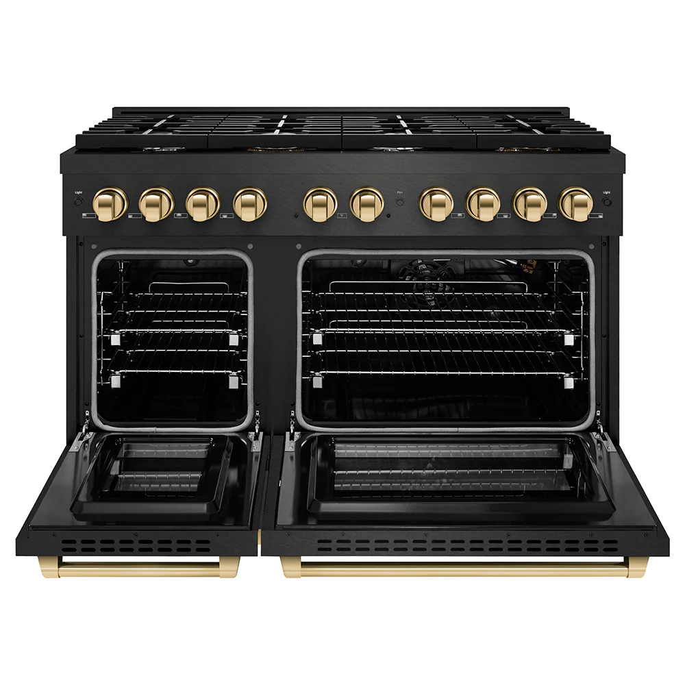 ZLINE Autograph Edition 48 in. 6.7 cu. ft. Paramount Double Oven Gas Range with 8 Burner Cooktop in Black Satin Stainless Steel and Polished Gold Accents, Open Box-Great Condition - Image 3