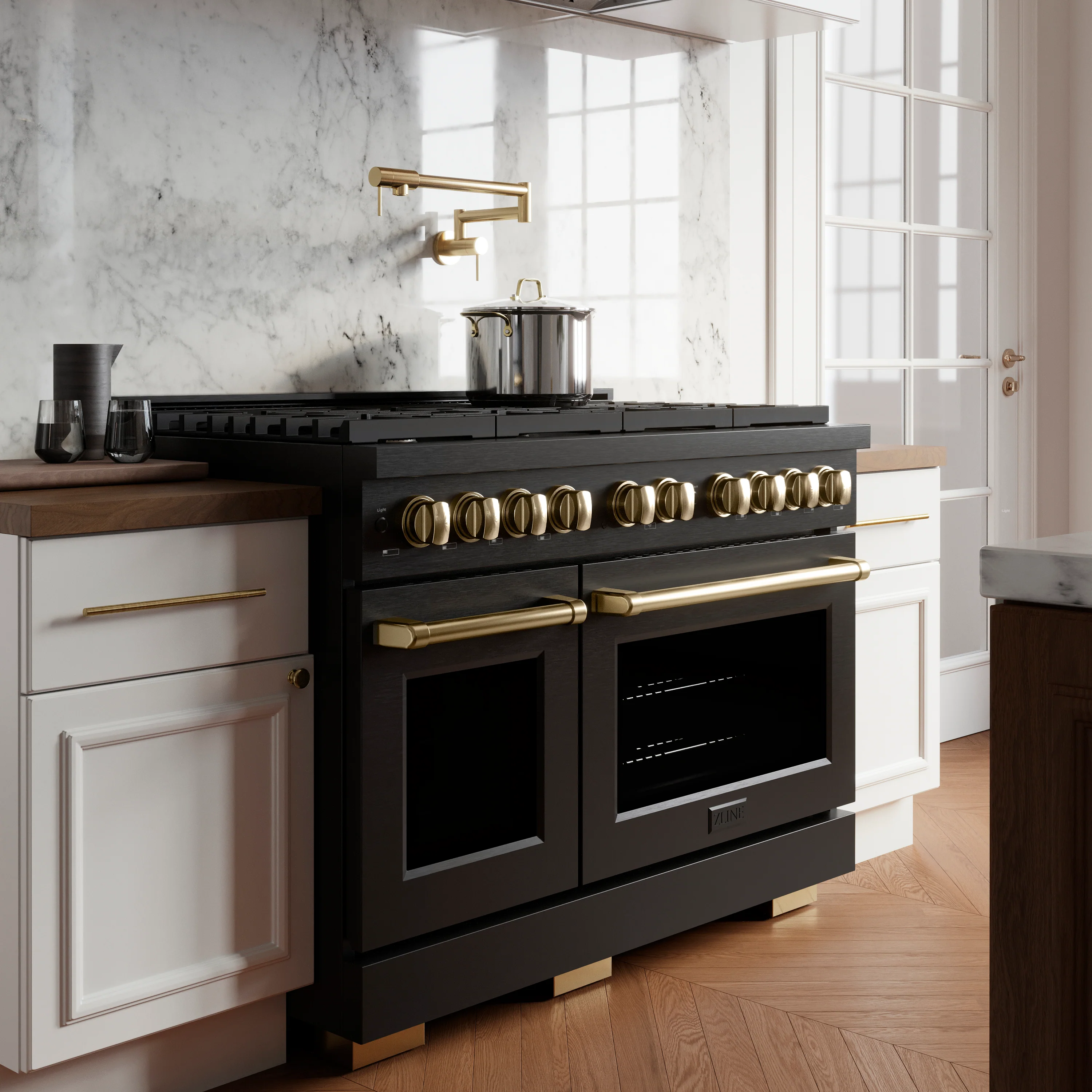 ZLINE Autograph Edition 48 in. 6.7 cu. ft. Paramount Double Oven Gas Range with 8 Burner Cooktop in Black Stainless Steel and Polished Gold Accents, Open Box-Great Condition - Image 9