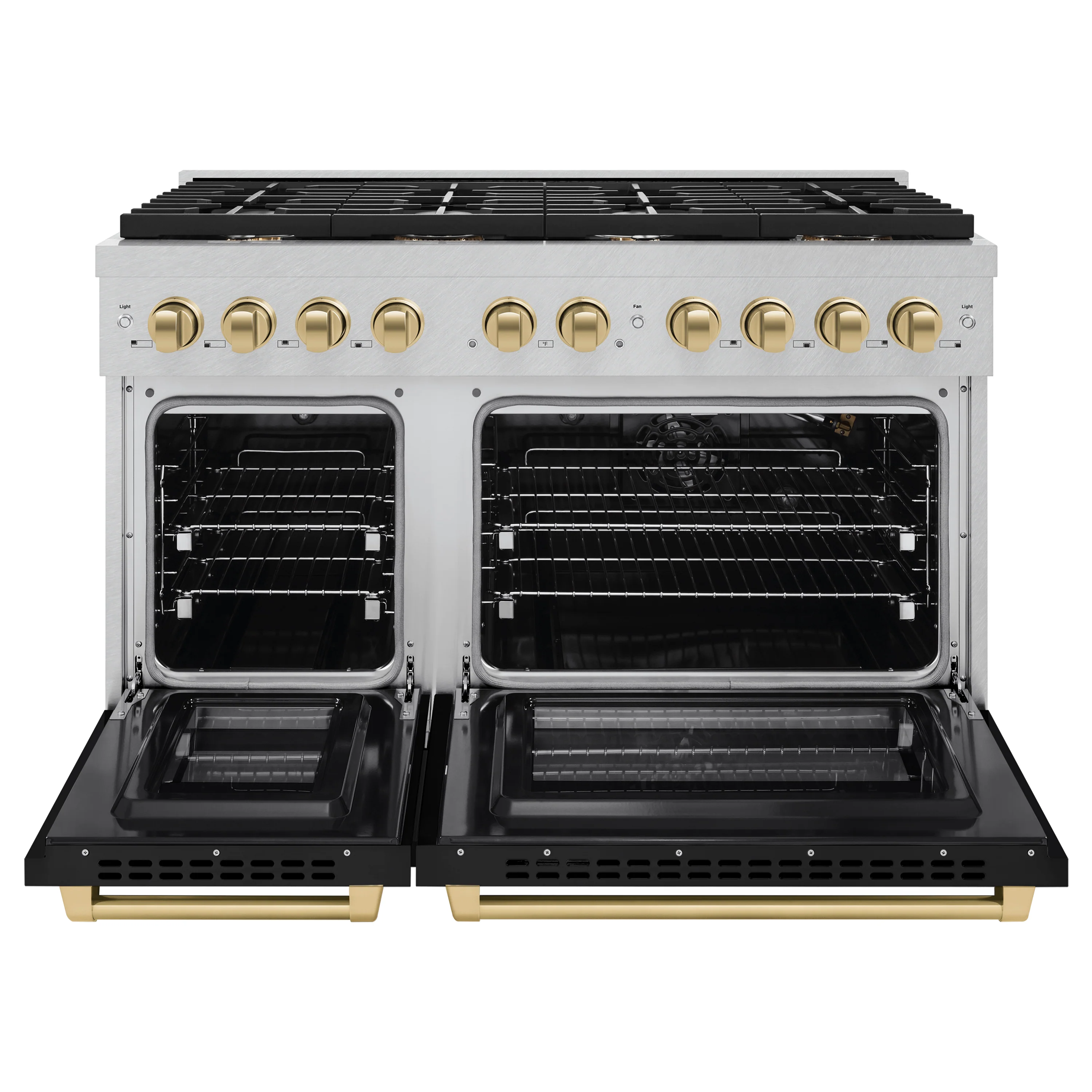 ZLINE Autograph Edition 48 in. 6.7 cu. ft. Paramount Double Oven Gas Range with 8 Burner Cooktop in Satin Stainless Steel with Black Matte Doors and Champagne Bronze Accents, Open Box-Great Condition - Image 5