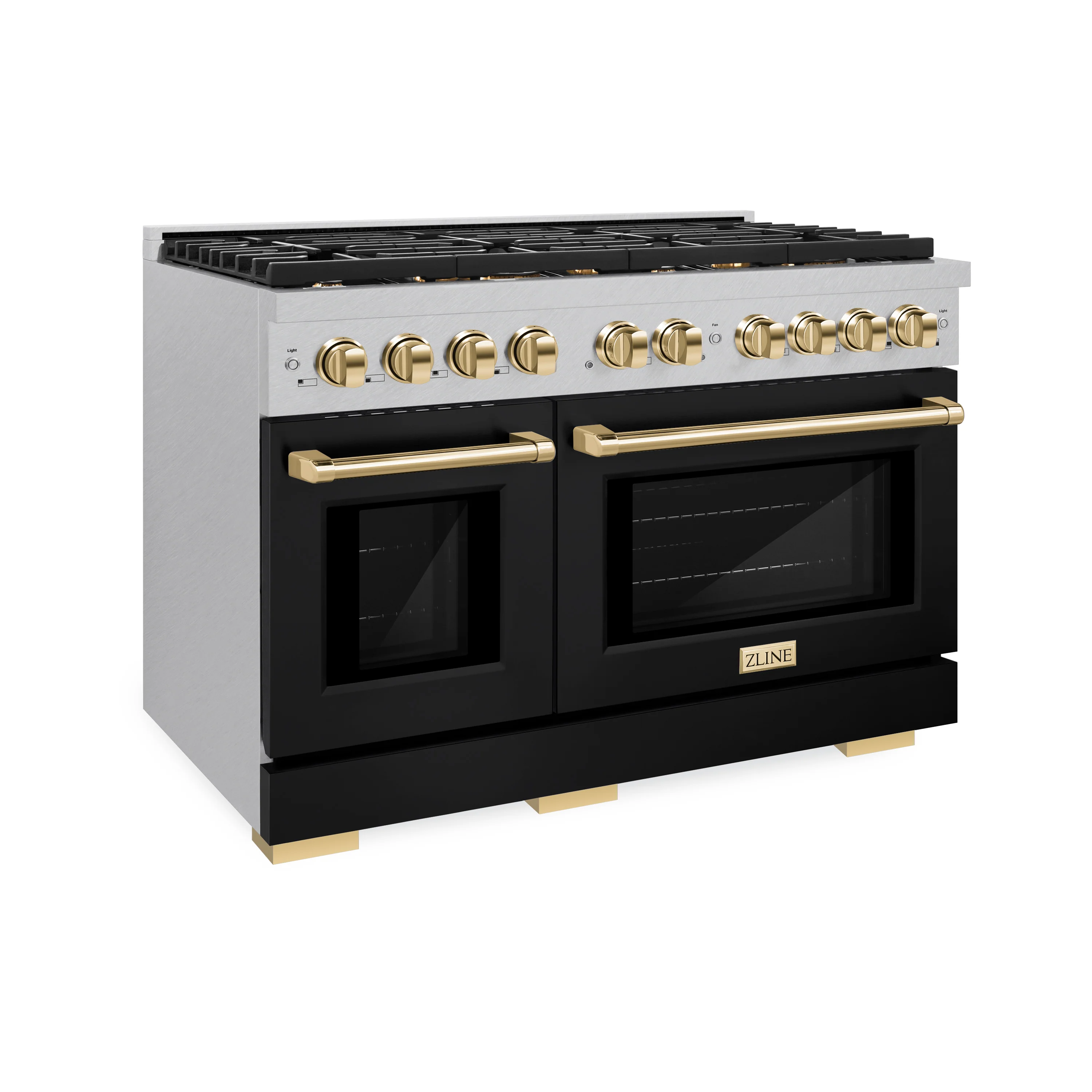 ZLINE Autograph Edition 48 in. 6.7 cu. ft. Paramount Double Oven Gas Range with 8 Burner Cooktop in Satin Stainless Steel with Black Matte Doors and Polished Gold Accents, Open Box-Great Condition