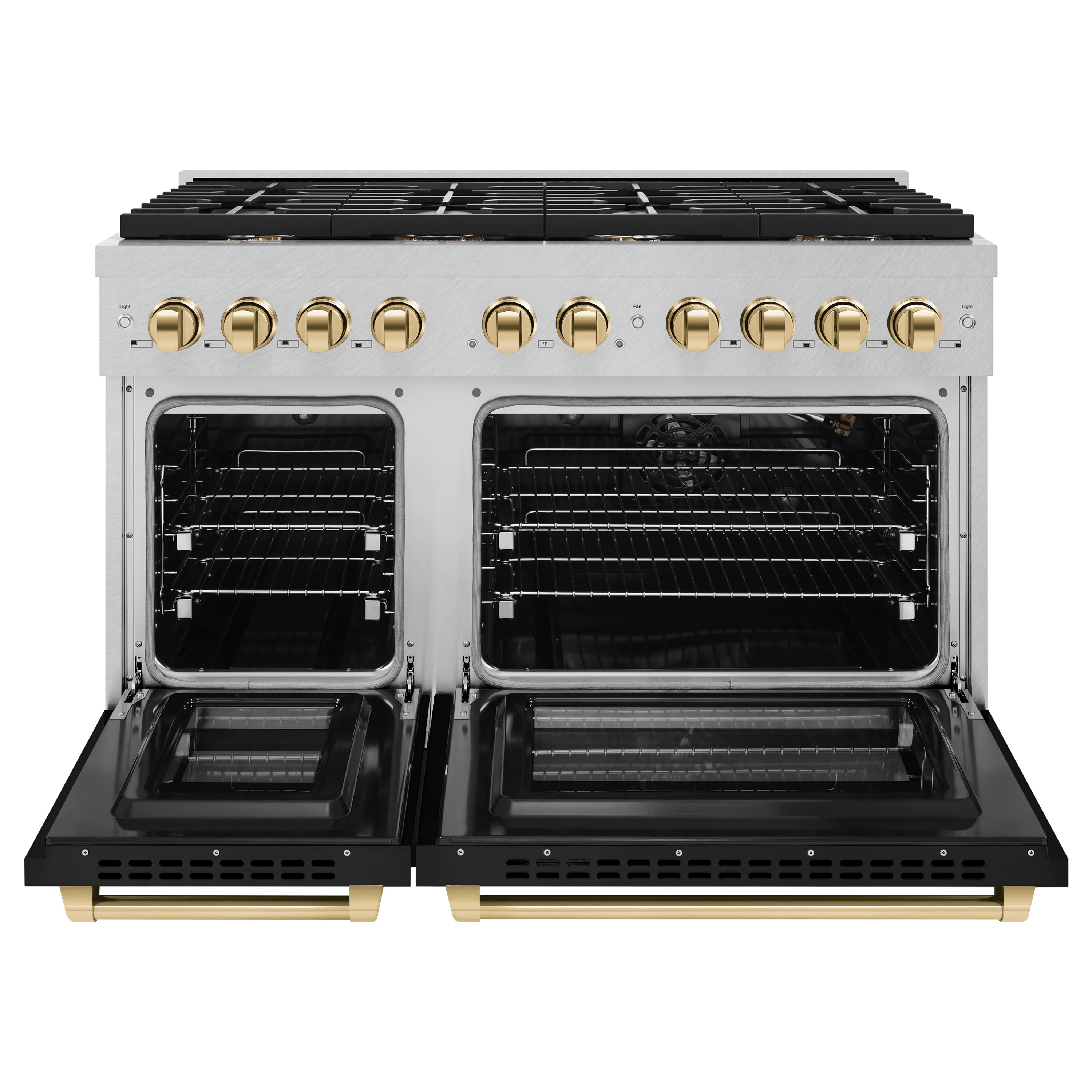 ZLINE Autograph Edition 48 in. 6.7 cu. ft. Paramount Double Oven Gas Range with 8 Burner Cooktop in Satin Stainless Steel with Black Matte Doors and Polished Gold Accents, Open Box-Great Condition - Image 5