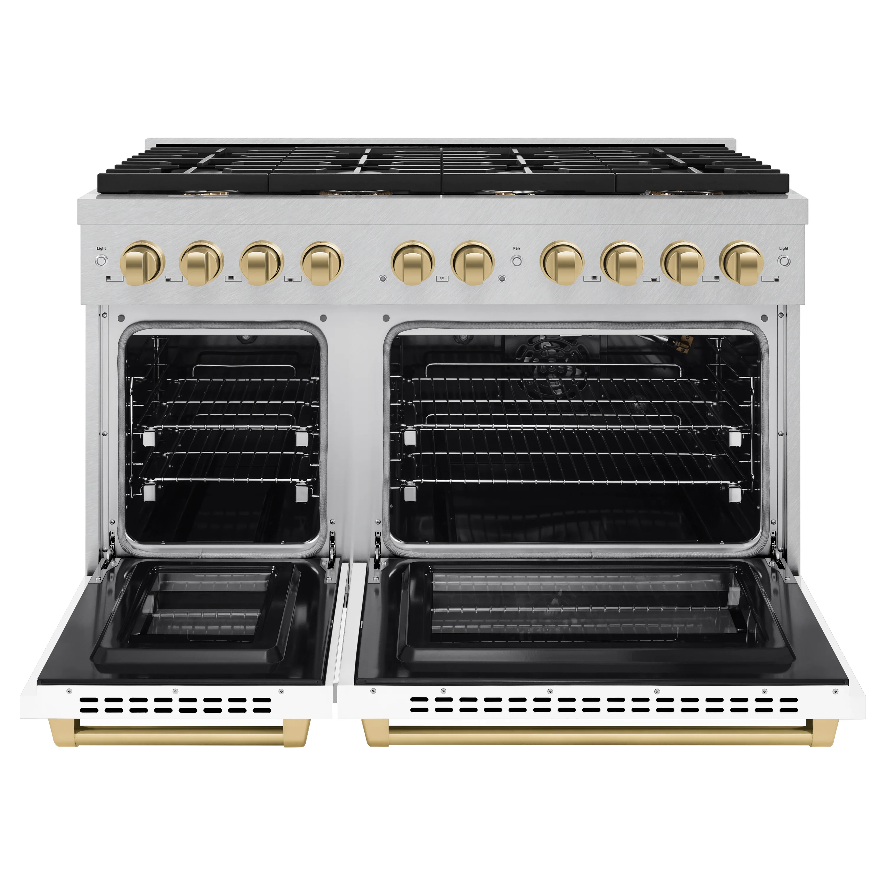 ZLINE Autograph Edition 48 in. 6.7 cu. ft. Paramount Double Oven Gas Range with 8 Burner Cooktop in Satin Stainless Steel with White Matte Doors and Champagne Bronze Accents, Open Box-Great Condition - Image 6
