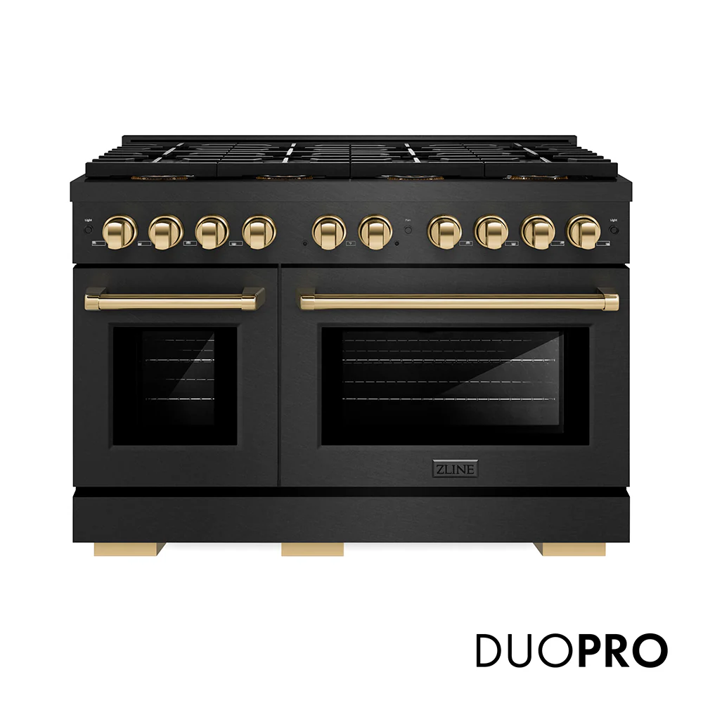 ZLINE Autograph Edition 48 in. 6.7 cu. ft. Paramount Dual Fuel Range with 8 Burner DuoPro™ Cooktop and Dual Ovens in Black Satin Stainless Steel and Polished Gold Accents, Open Box-Great Condition