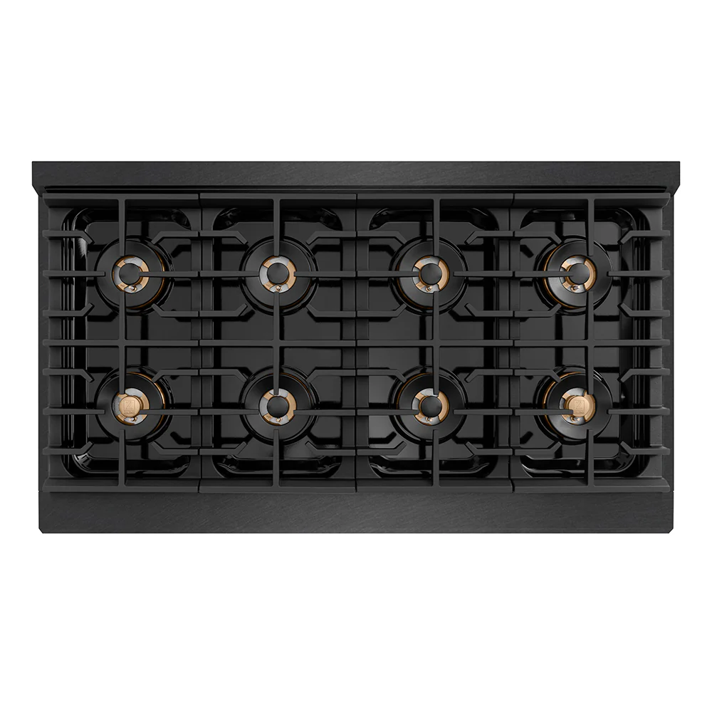 ZLINE Autograph Edition 48 in. 6.7 cu. ft. Paramount Dual Fuel Range with 8 Burner DuoPro™ Cooktop and Dual Ovens in Black Satin Stainless Steel and Polished Gold Accents, Open Box-Great Condition - Image 2