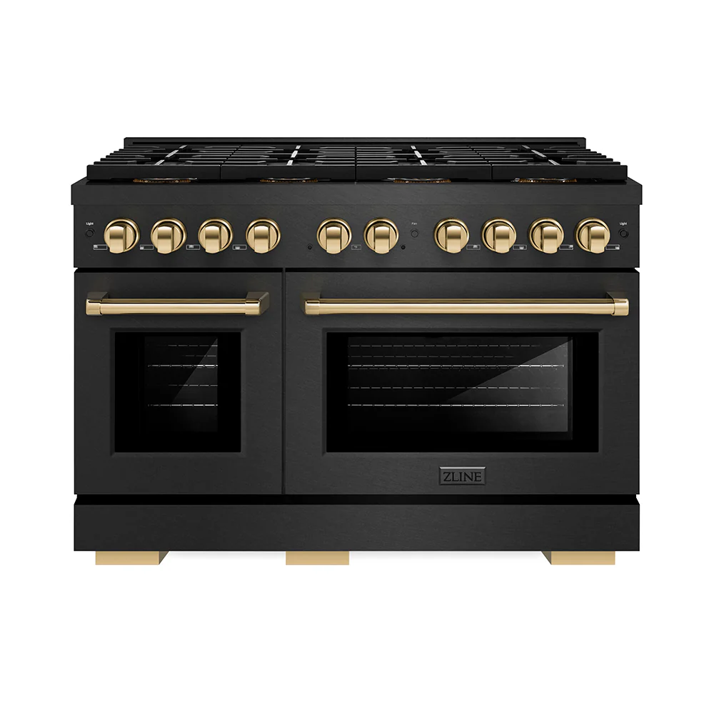 ZLINE Autograph Edition 48 in. 6.7 cu. ft. Paramount Dual Fuel Range with 8 Burner DuoPro™ Cooktop and Dual Ovens in Black Satin Stainless Steel and Polished Gold Accents, Open Box-Great Condition - Image 3