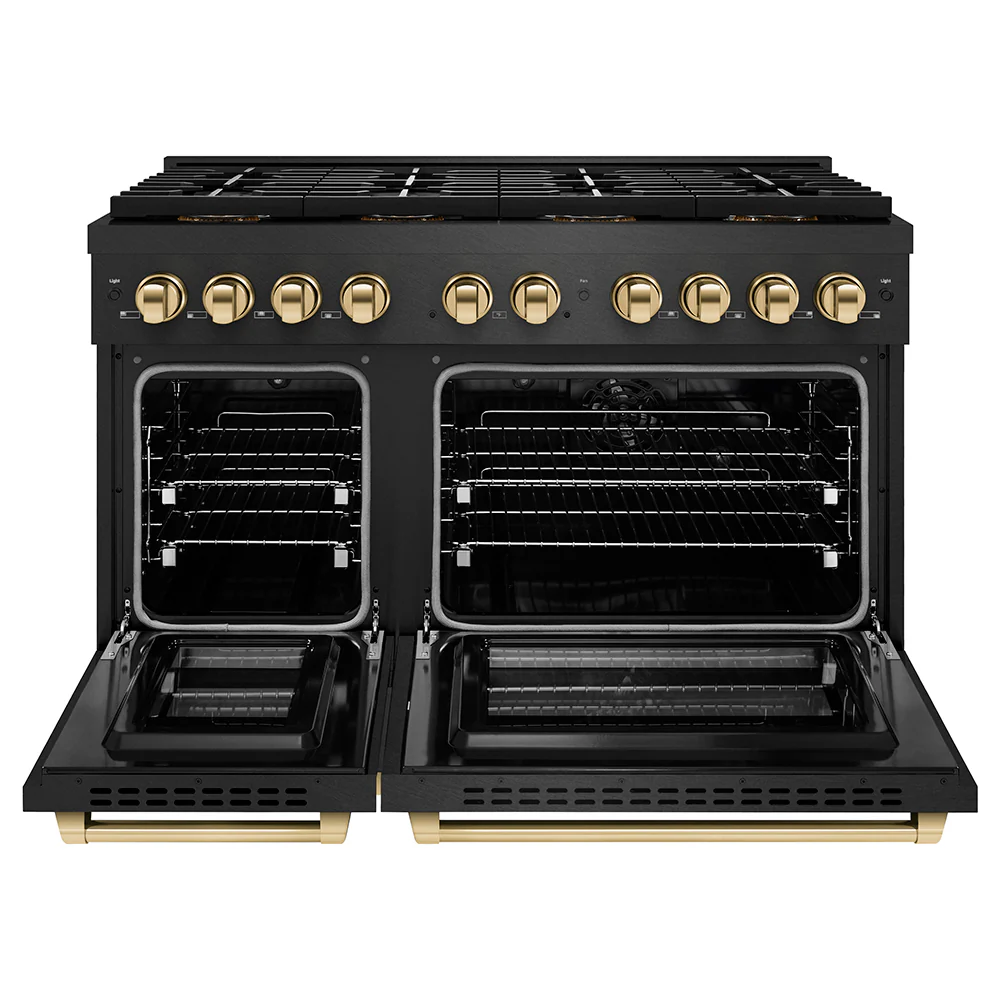 ZLINE Autograph Edition 48 in. 6.7 cu. ft. Paramount Dual Fuel Range with 8 Burner DuoPro™ Cooktop and Dual Ovens in Black Satin Stainless Steel and Polished Gold Accents, Open Box-Great Condition - Image 4