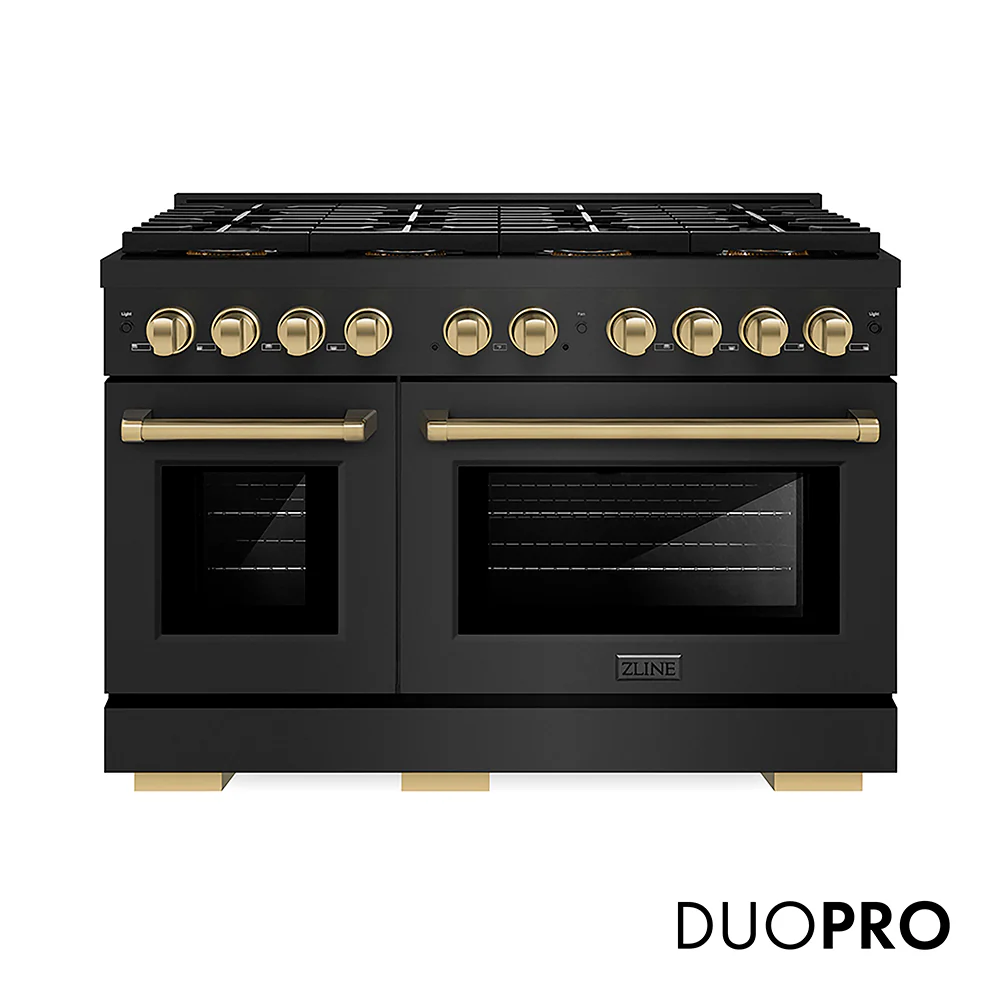 ZLINE Autograph Edition 48 in. 6.7 cu. ft. Paramount Dual Fuel Range with 8 Burner DuoPro™ Cooktop and Dual Ovens in Black Stainless Steel and Champagne Bronze Accents, Open Box-Great Condition