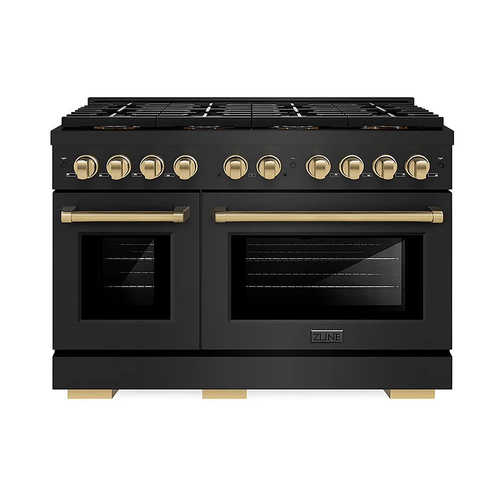ZLINE Autograph Edition 48 in. 6.7 cu. ft. Paramount Dual Fuel Range with 8 Burner DuoPro™ Cooktop and Dual Ovens in Black Stainless Steel and Champagne Bronze Accents, Open Box-Great Condition - Image 3