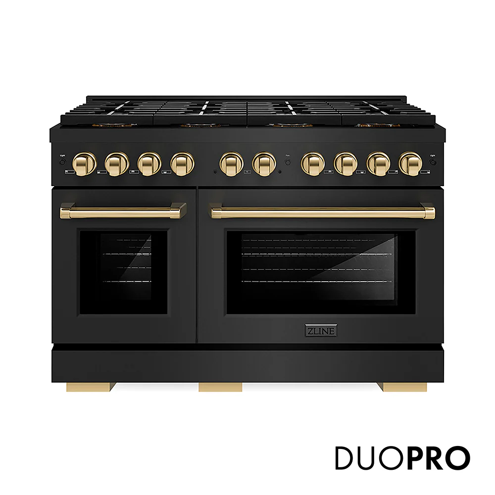ZLINE Autograph Edition 48 in. 6.7 cu. ft. Paramount Dual Fuel Range with 8 Burner DuoPro™ Cooktop and Dual Ovens in Black Stainless Steel and Polished Gold Accents, Open Box-Great Condition