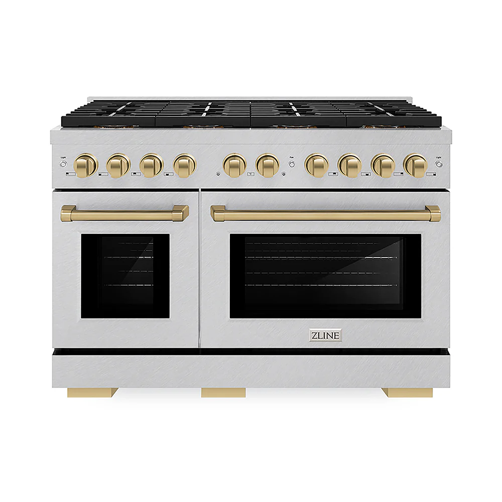 ZLINE Autograph Edition 48 in. 6.7 cu. ft. Paramount Dual Fuel Range with 8 Burner DuoPro™ Cooktop and Dual Ovens in Satin Stainless Steel and Champagne Bronze Accents, Open Box-Great Condition - Image 3