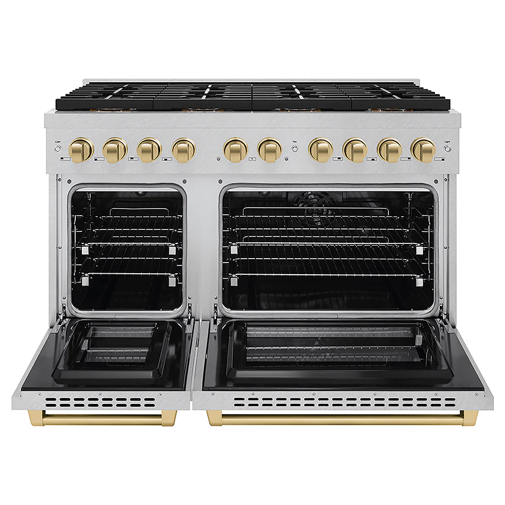 ZLINE Autograph Edition 48 in. 6.7 cu. ft. Paramount Dual Fuel Range with 8 Burner DuoPro™ Cooktop and Dual Ovens in Satin Stainless Steel and Champagne Bronze Accents, Open Box-Great Condition - Image 4