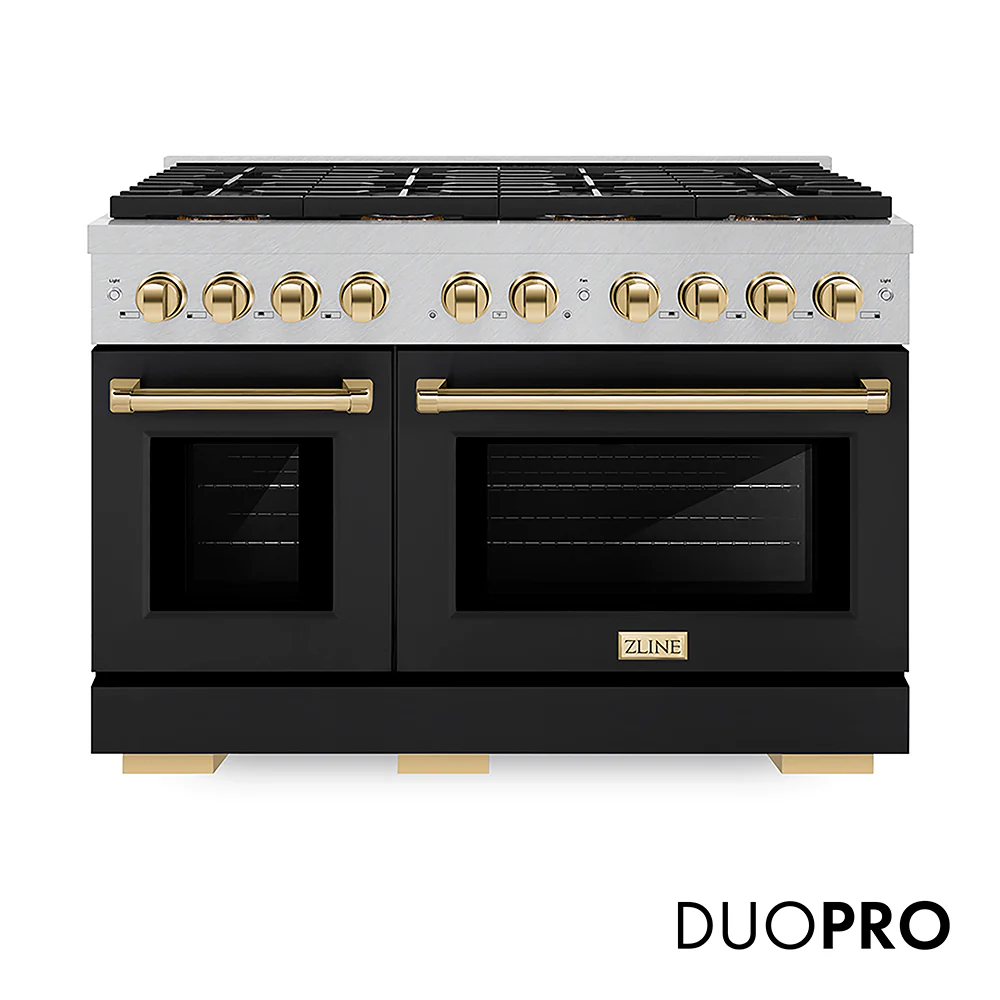 ZLINE Autograph Edition 48 in. 6.7 cu. ft. Paramount Dual Fuel Range with 8 Burner DuoPro™ Cooktop and Dual Ovens in Satin Stainless Steel with Black Matte Doors and Polished Gold Accents, Open Box-Great Condition