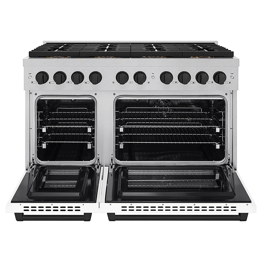 ZLINE Autograph Edition 48 in. 6.7 cu. ft. Paramount Dual Fuel Range with 8 Burner DuoPro™ Cooktop and Dual Ovens in Satin Stainless Steel with White Matte Doors and Matte Black Accents, Open Box-Great Condition - Image 4